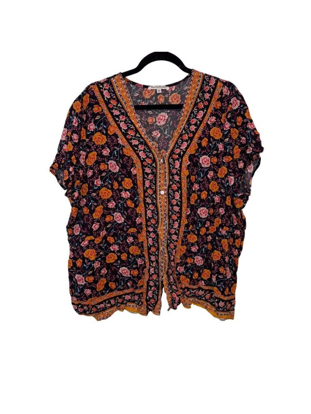 NorthStyle Womens Floral Print Kimono Blouse 2X Black/Orange Button Front